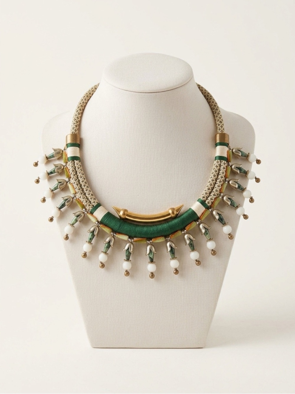 HOLST + LEE Mixed Media Statement Necklace Braided Cord Beaded Fringe Brass